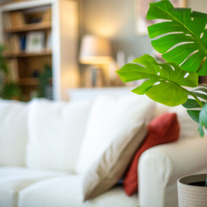 Monstera deliciosa en maceta de cerámica blanca moderna sobre fondo interior luminoso